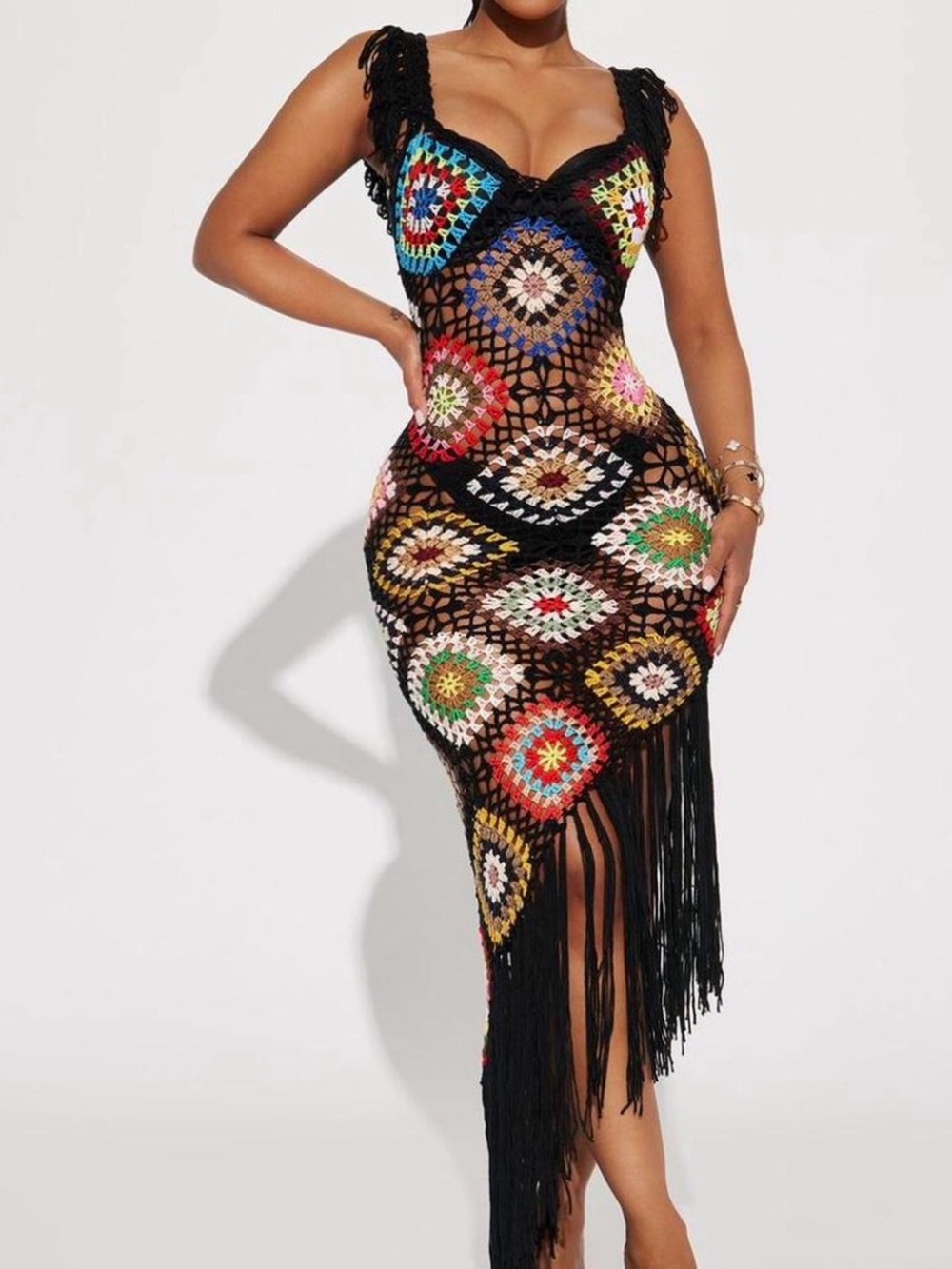 Black Crochet Fringe Midi Dress with Multicolor Accents